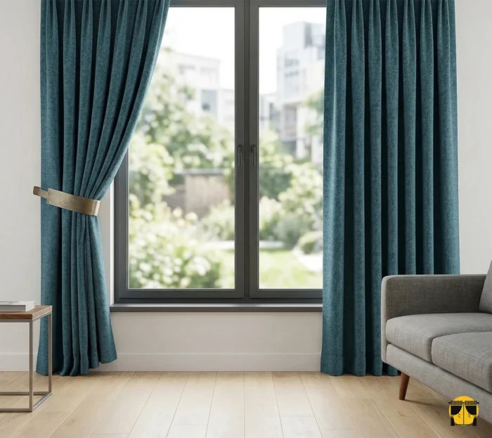 Beyaz mobilyalar ve jüt halıyla dekore edilmiş bir sahil evinde, pencerelere modern bir rüstik şıklık katan mavi hasır keten fon perde tasarımı