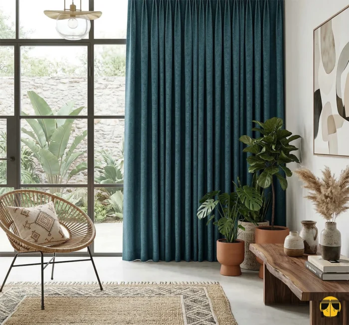 Doğal hasır dokuma liflerin belirgin çapraz yapısını sergileyen yakın plan çekimi; Nirva serisinin mavi tonundaki organik yüzey ve kaliteli döküm detayları