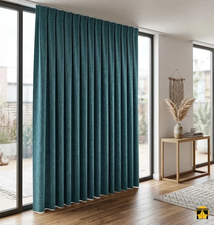 Mavi Nirva hasır keten fon perdenin gözenekli lifleri arasından süzülen güneş ışığının, odada yarattığı ferah, dingin ve Akdeniz esintili atmosfer