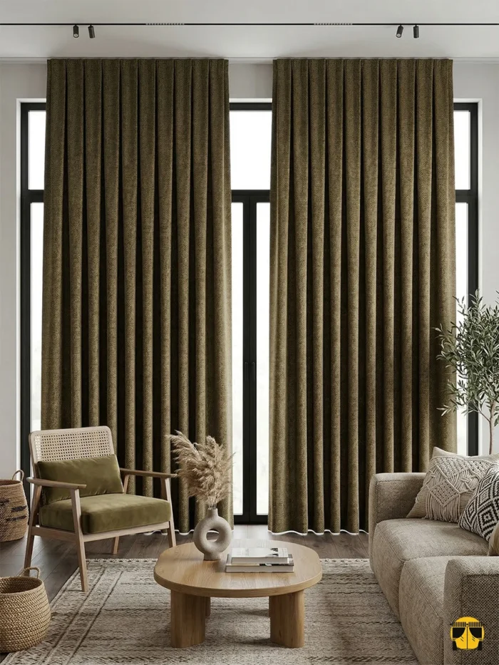 Sepia kahverengi Nirva hasır keten perdenin çapraz dokusu arasından süzülen akşam güneşinin, odada yarattığı nostaljik ve sıcak toprak tonları