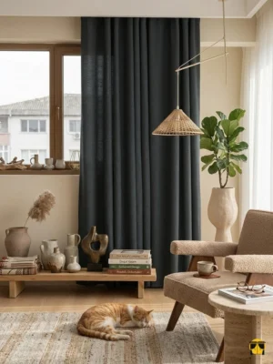 Modern bir oturma odasında, doğal dokulu Miyo Siyah keten fon perde ve masif ahşap mobilyalarla oluşturulmuş sofistike pencere tasarımı.