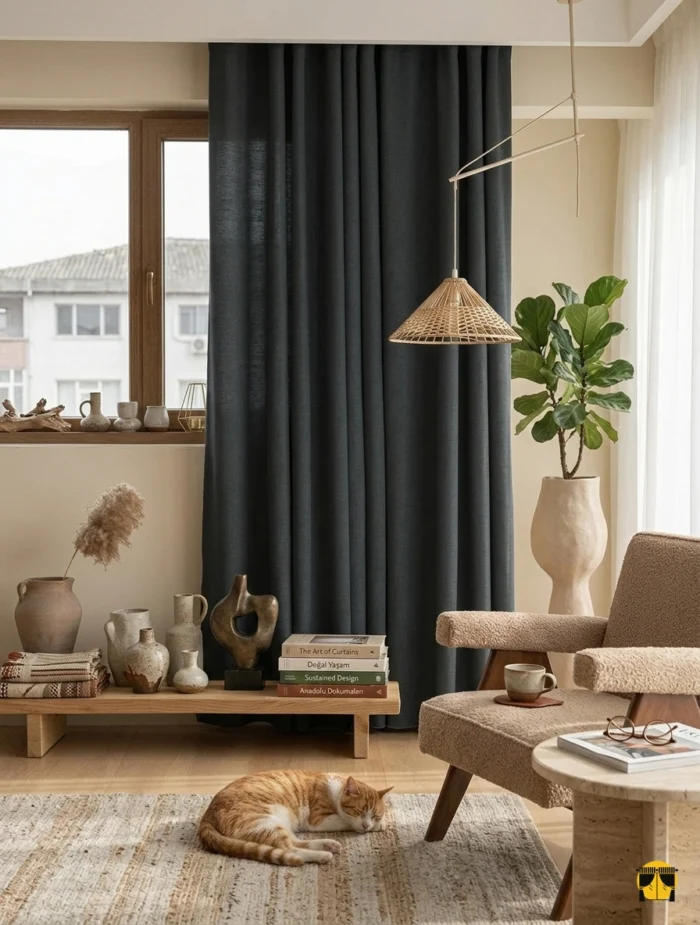 Modern bir oturma odasında, doğal dokulu Miyo Siyah keten fon perde ve masif ahşap mobilyalarla oluşturulmuş sofistike pencere tasarımı.