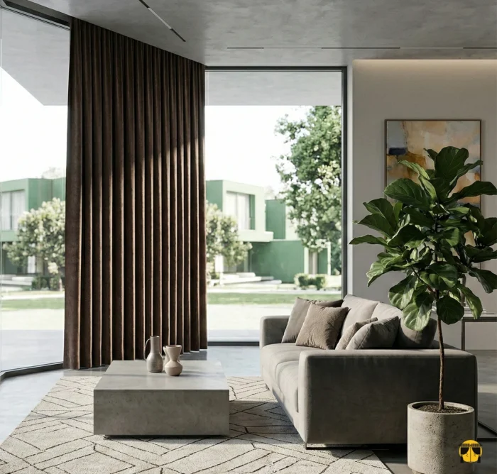 Krem mobilyalarla doğal bir kontrast oluşturan, pencerelere hem ısı yalıtımı hem de karakter kazandıran ağır yapılı kahverengi karartma perde