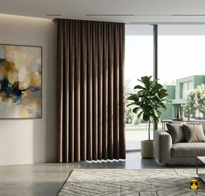 Modern bir yatak odasında, güneş ışığını tamamen bloke ederek huzurlu bir uyku ortamı yaratan, tok dökümlü ve mat kahverengi blackout fon perde.