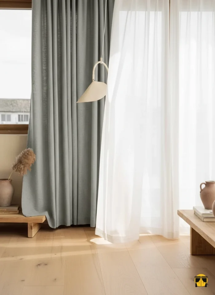Modern bir oturma odasında, doğal dokulu koyu bej keten fon perde, şık ve tok dökümlü görünümüyle estetik bir pencere tasarımı.