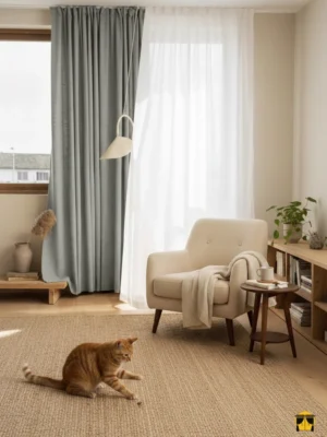 Doğal ışık alan ferah bir mekanda, tavandan yere kadar uzanan, kaliteli keten kumaştan üretilmiş koyu bej fon perde ve krem tül kombinasyonu