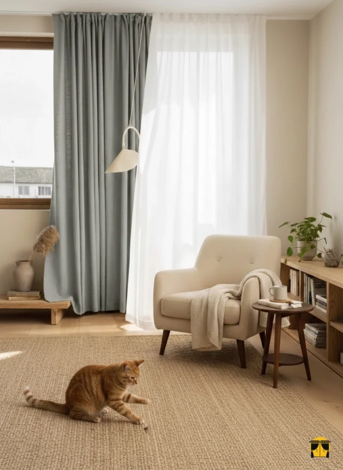 Doğal ışık alan ferah bir mekanda, tavandan yere kadar uzanan, kaliteli keten kumaştan üretilmiş koyu bej fon perde ve krem tül kombinasyonu