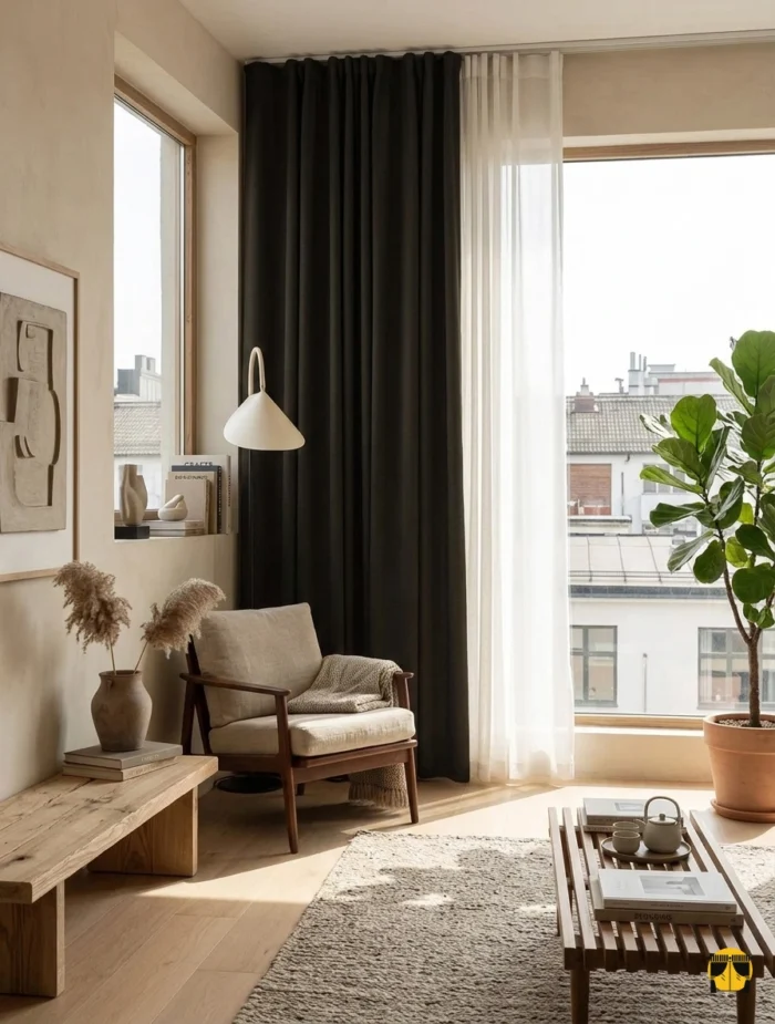 Modern bir salonda, tok dökümlü Miyo Koyu Kahve keten fon perde, krem tül ile kombinlenmiş şık ve derinlikli pencere tasarımı