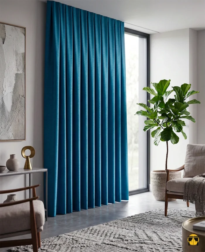 Aydınlık bir yatak odasında, gün ışığını tamamen engelleyerek huzur veren bir Akdeniz atmosferi yaratan dökümlü turkuaz mavi blackout fon perde