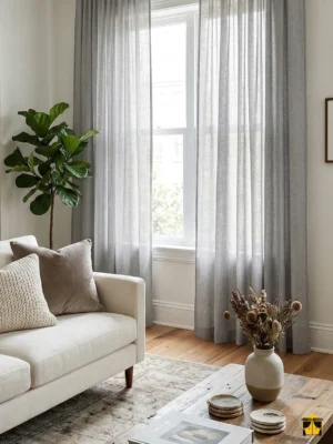 Aydınlık bir iç mekanda, tavandan yere süzülen hafif dökümlü bej keten tül perde ile minimalist dekorasyonun kusursuz uyumu