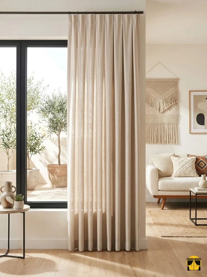 Ahşap mobilyalar ve jüt halılarla kusursuz bir uyum yakalayan, mat yüzeyi ve belirgin lifleriyle pencerelere derinlik katan koyu bej tül perde