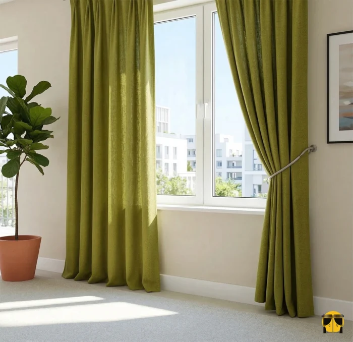 Gri ve antrasit mobilyalarla çarpıcı bir kontrast oluşturan, pencerelere bahar enerjisi katan mat yüzeyli fıstık yeşili perde detayı