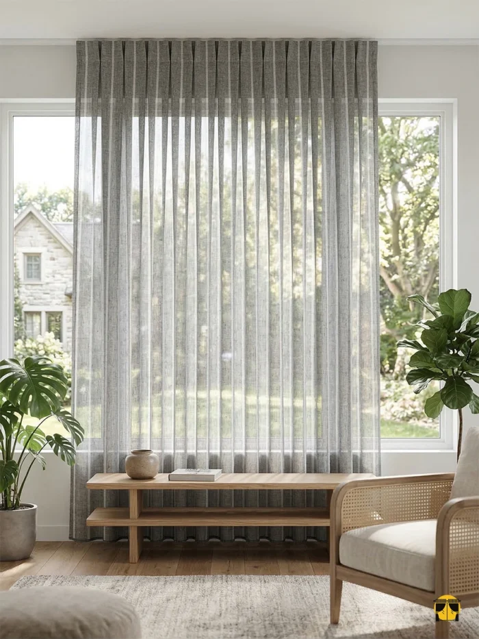 Endüstriyel dekorasyonla kusursuz uyum sağlayan, belirgin keten lifleri ve çizgisel ritmiyle pencerelere karakter katan gri tül perde detayı