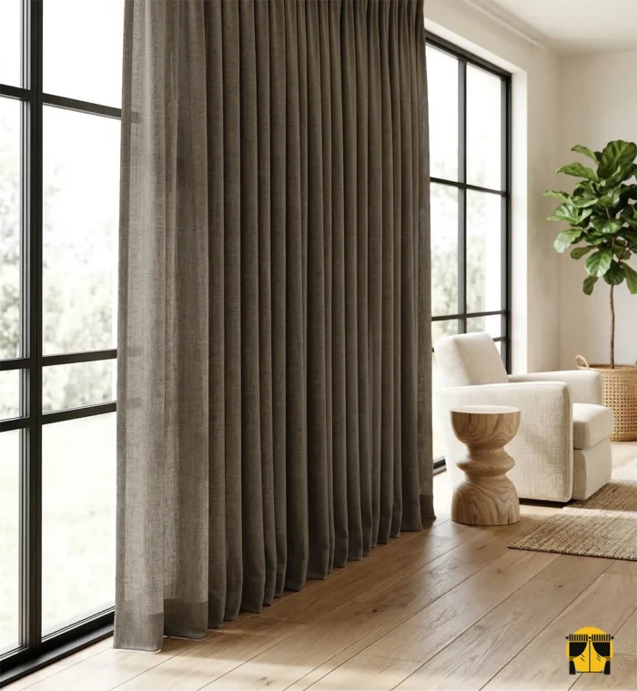 "Doğal gün ışığını kehribar bir sıcaklıkla içeri süzerek huzurlu bir atmosfer yaratan Minto kahve keten tül fon perde detayı."