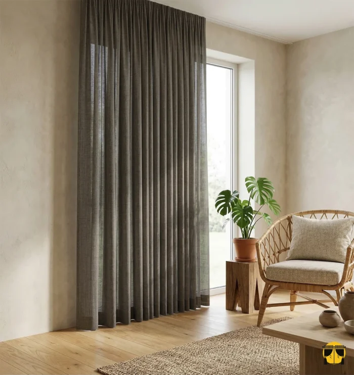 "Açık renk mobilyalarla şık bir kontrast oluşturan, belirgin keten liflerine sahip modern ve dekoratif kahverengi tül perde."