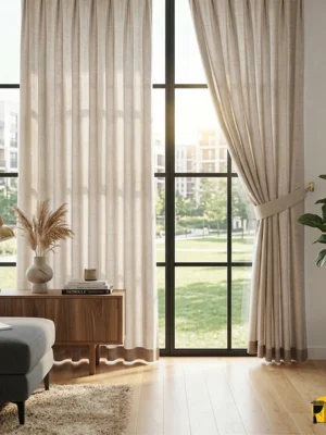 Doğal ahşap detaylar ve siyah metal rustiklerle kusursuz bir uyum yakalayan, pencerelere rüstik bir zarafet katan lifli krem perde.