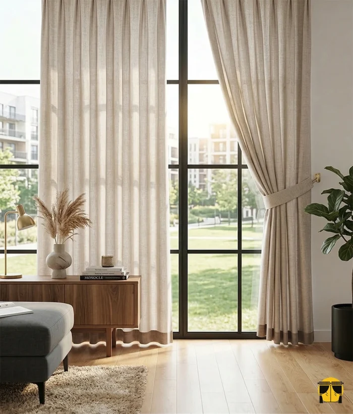 Doğal ahşap detaylar ve siyah metal rustiklerle kusursuz bir uyum yakalayan, pencerelere rüstik bir zarafet katan lifli krem perde.