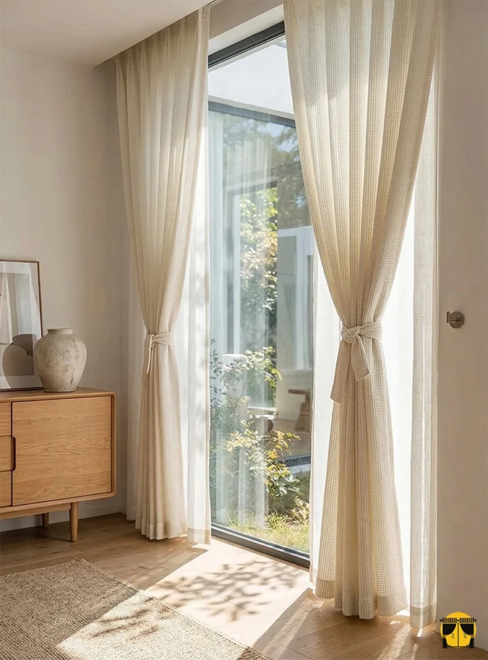 Yazlık ev veya bohem dekorasyonlar için ideal, ütü gerektirmeyen ve dökümlü yapısıyla dikkat çeken gözenekli krem fon perde sergisi