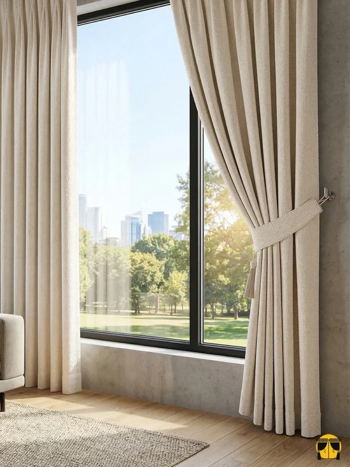 Modern ve ferah bir salonda, bahçe manzarasına karşı konumlandırılmış, pencerelere mimari bir derinlik katan lüks krem keten perde