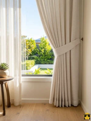 Doğal ışığı yumuşatarak içeri alan, kendi kumaşından fon bağıyla şık bir şekilde toplanmış Gilto koyu krem tok dokulu keten fon perde.