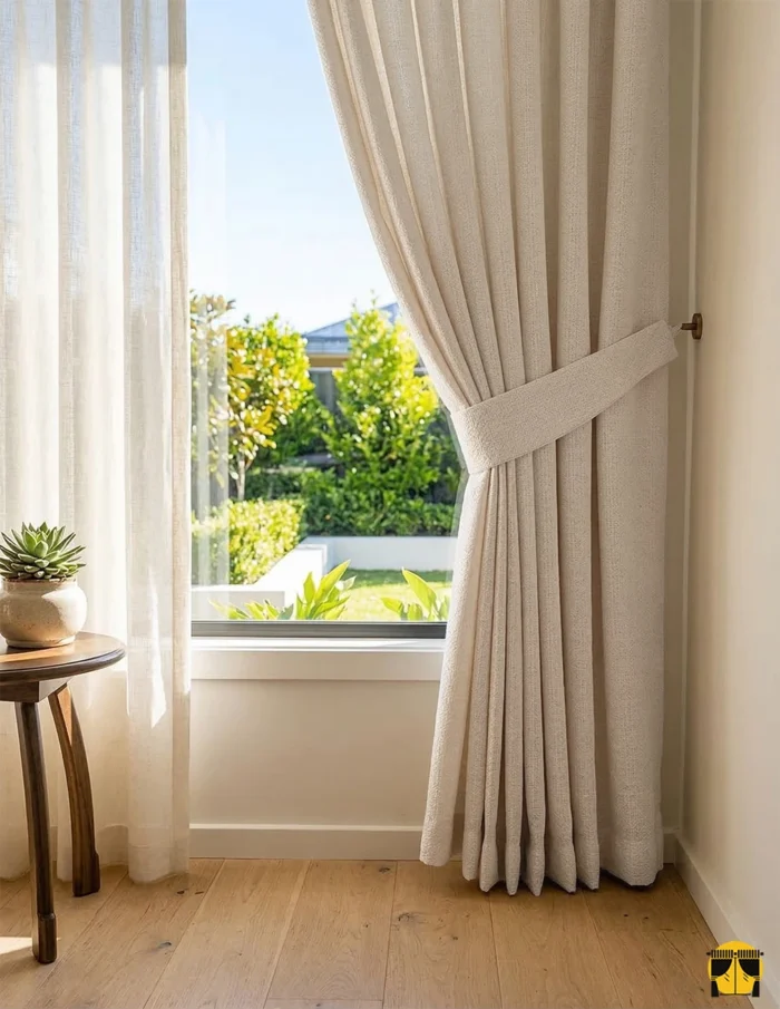 Doğal ışığı yumuşatarak içeri alan, kendi kumaşından fon bağıyla şık bir şekilde toplanmış Gilto koyu krem tok dokulu keten fon perde.