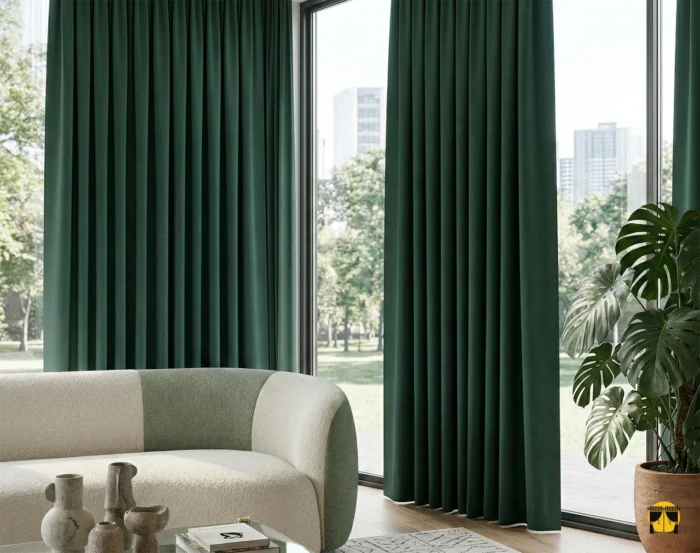 Doğal ahşap mobilyalarla asil bir uyum yakalayan, pencerelere karizmatik bir çerçeve ve tam mahremiyet kazandıran ağır yapılı koyu yeşil karartma perde sergisi