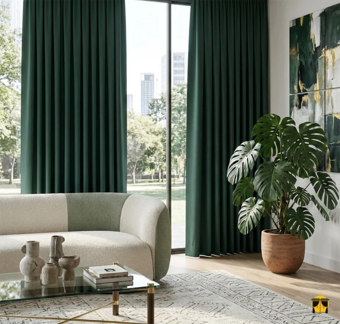 Güneş ışığını tamamen engelleyerek huzurlu bir uyku ortamı yaratan, tok dökümlü ve mat yüzeyli koyu yeşil blackout fon perde detayı.