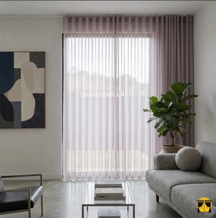 Doku ve Kalite Yakın Çekim: "Poko serisinin mor tül kumaşının pürüzsüz mikro lif yapısını ve ışığı yumuşatan kaliteli dokumasını sergileyen yakın plan çekimi."