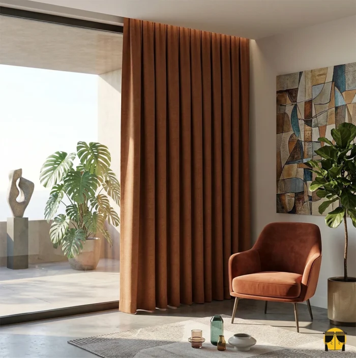 "Antrasit mobilyalarla şık bir kontrast oluşturan, pencerelere rüstik bir derinlik ve sıcaklık katan karamel kahverengi keten perde."