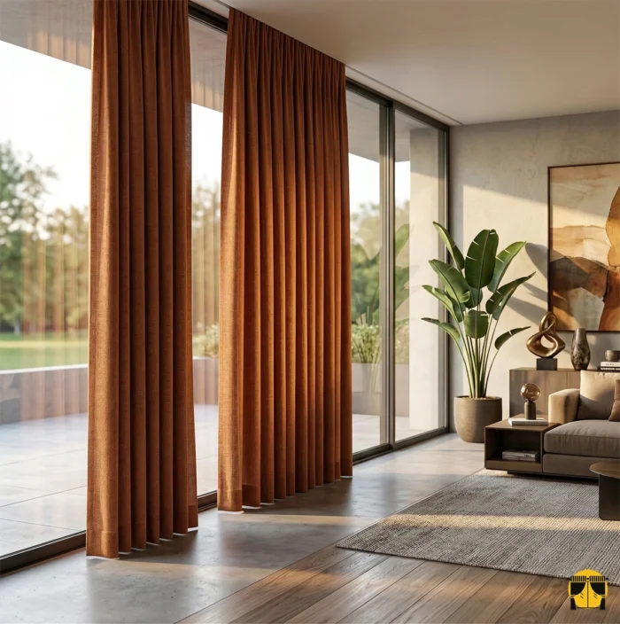 "Doğal gün ışığında karamel tonlarının sıcaklığını ve lifli keten dokusunu yansıtan Olvo serisi dökümlü fon perde detayı."