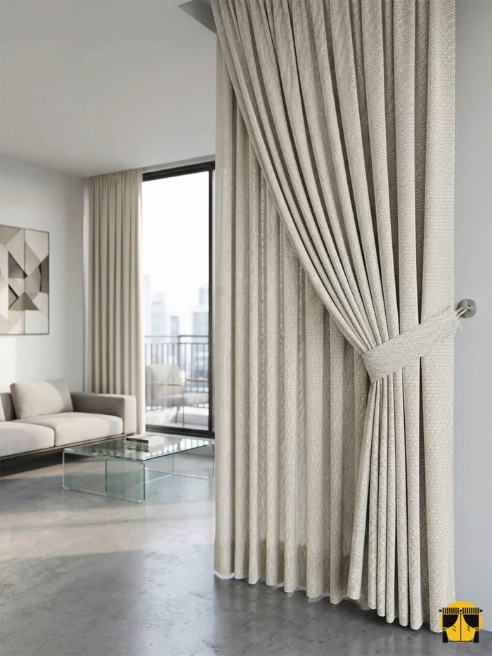 Koyu krem Polti fon perdenin mat dokusu arasından süzülen güneş ışığının, oda içerisinde yarattığı sıcak, kemik tonlarında ve huzurlu aydınlık