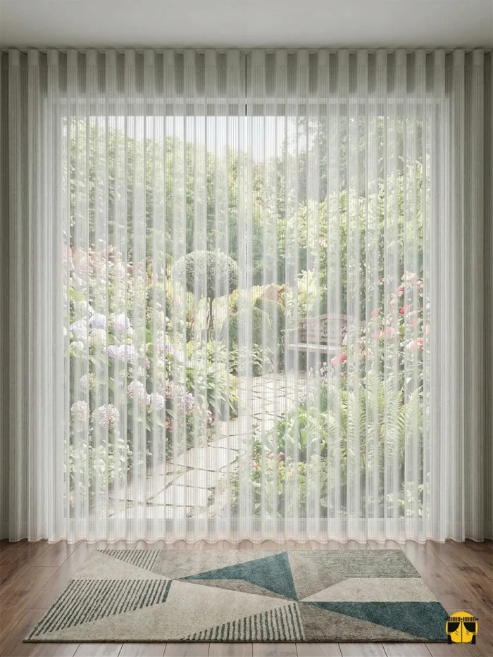 "Vizon fon perdelerle kombinlenmiş, dökümlü yapısı sayesinde birer mimari sütun gibi muntazam inen ekru düz tül perde sergisi."