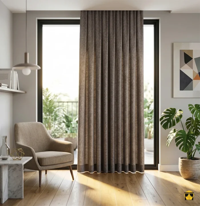 Işık ve Atmosfer: "Villo lüks kahve keten fon perdenin tok dokusu arasından süzülen güneş ışığının, oda içerisinde yarattığı sıcak, bronz ve huzurlu derinlik."