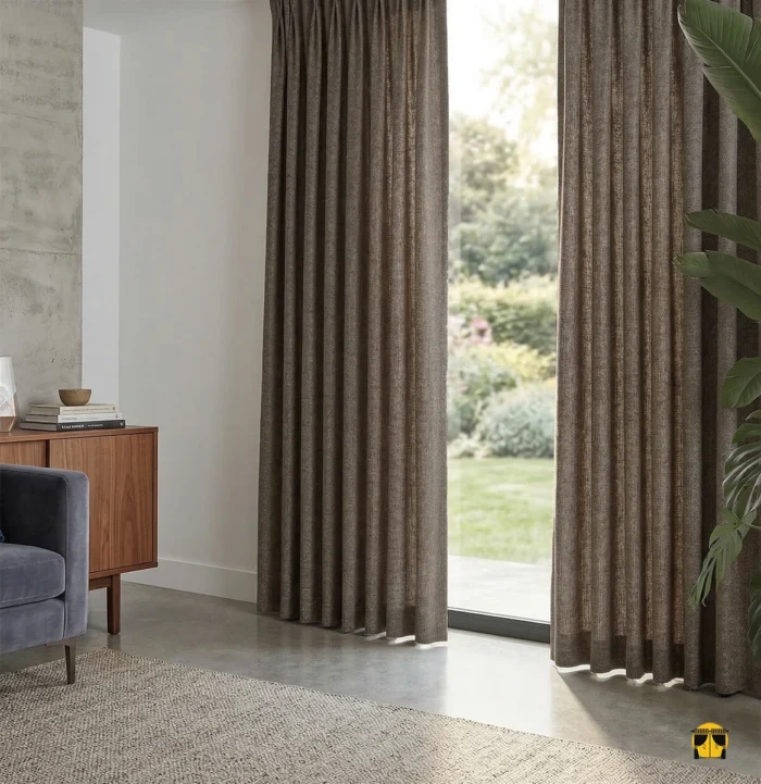 Doku Detayı: "Villo serisinin kahve tonundaki kaliteli sık dokumasını ve mat keten lif yapısını sergileyen yakın plan çekimi; pencereler için premium fon perde karakteri."