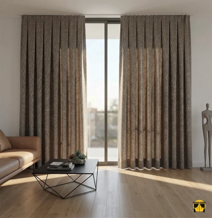 Mekan Tasarımı: "Ekru koltuklar ve gold aksesuarlarla dekore edilmiş lüks bir salonda, pencerelere asalet ve ağırlık katan kahve keten fon perde tasarımı."