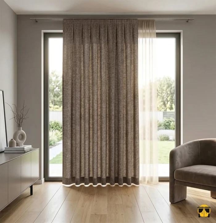 Kontrast ve Stil: "Ekru ipek tüller önünde asil bir kontrast oluşturan, sık pileleri sayesinde sütun gibi muntazam inen dökümlü kahve keten perde sergisi."