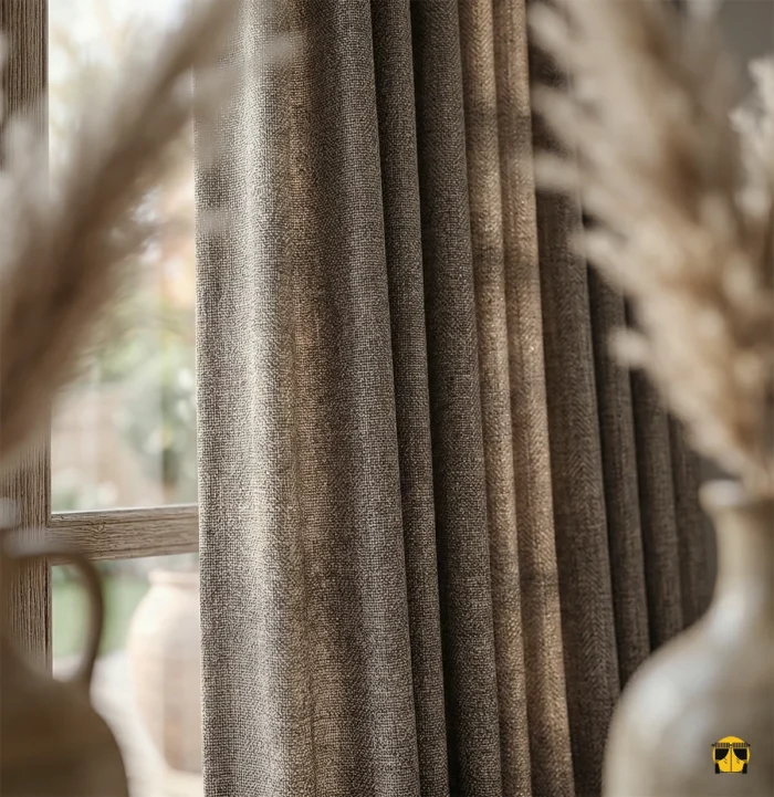 Duruş ve Estetik: "Ağır dökümü sayesinde rüzgarda formunu bozmayan, ütü gerektirmeyen ve modern bir zarafet sunan kaliteli kahve keten fon perde detayı."