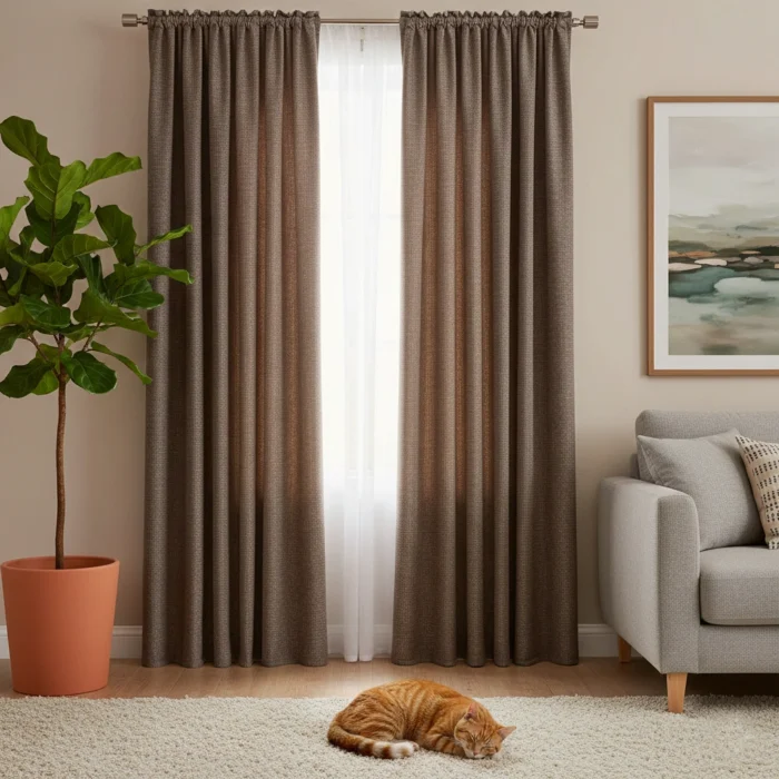 Kahverengi Lüks Keten Fon Perde