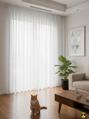 Modern bir oturma odası penceresinde, tavandan yere kadar uzanan, açık gri tonunda, minimalist ve ferahlatıcı dokulu şık Greyo tül perde