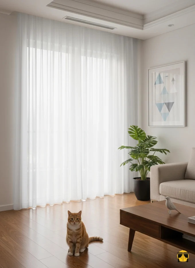 Modern bir oturma odası penceresinde, tavandan yere kadar uzanan, açık gri tonunda, minimalist ve ferahlatıcı dokulu şık Greyo tül perde
