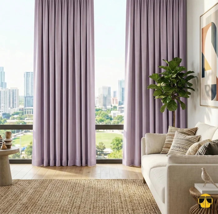 Beyaz ve gri tonlarla dekore edilmiş bir salonda, pencerelere romantik ve modern bir derinlik kazandıran mat yüzeyli lila fon perde detayı
