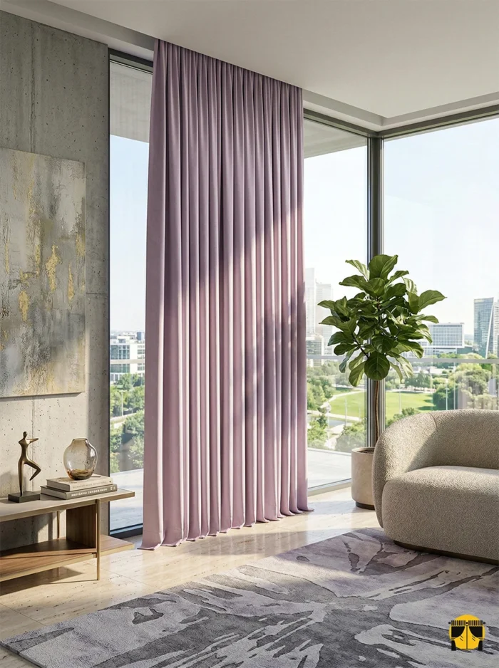 Modern bir yatak odasında, ışığı yumuşatan ve mekana lavanta ferahlığı katan akışkan dokulu Baleno lila soft fon perde."