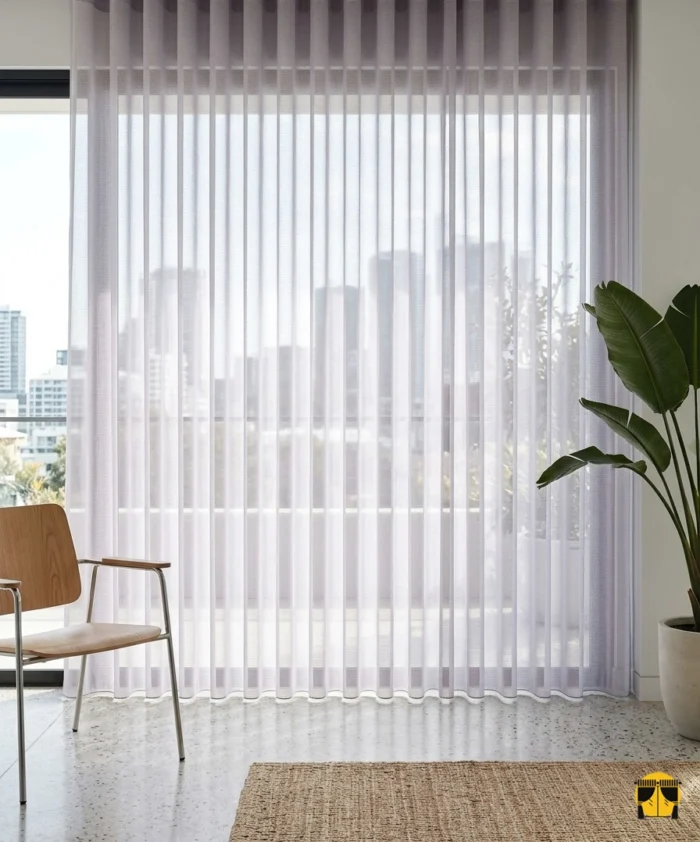 Modern bir yatak odasında, gün ışığını lila bir parıltıyla içeri süzerek huzurlu ve lüks bir atmosfer yaratan Filamingo çelik tül perde