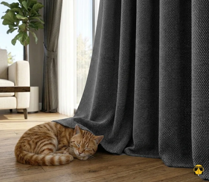 Aydınlık ve ferah bir salonda, tavandan yere kadar uzanan, kaliteli dokulu koyu gri fon perde ile ahşap mobilyaların estetik uyumu