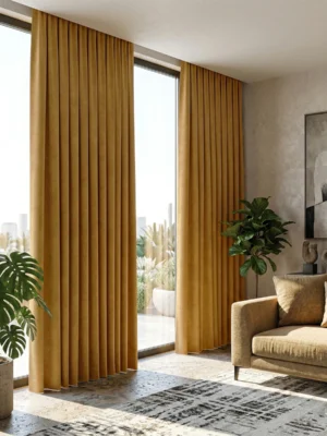 Antrasit mobilyalarla çarpıcı bir kontrast oluşturan, tok dökümlü ve modern kesimli hardal sarısı fon perde detayı