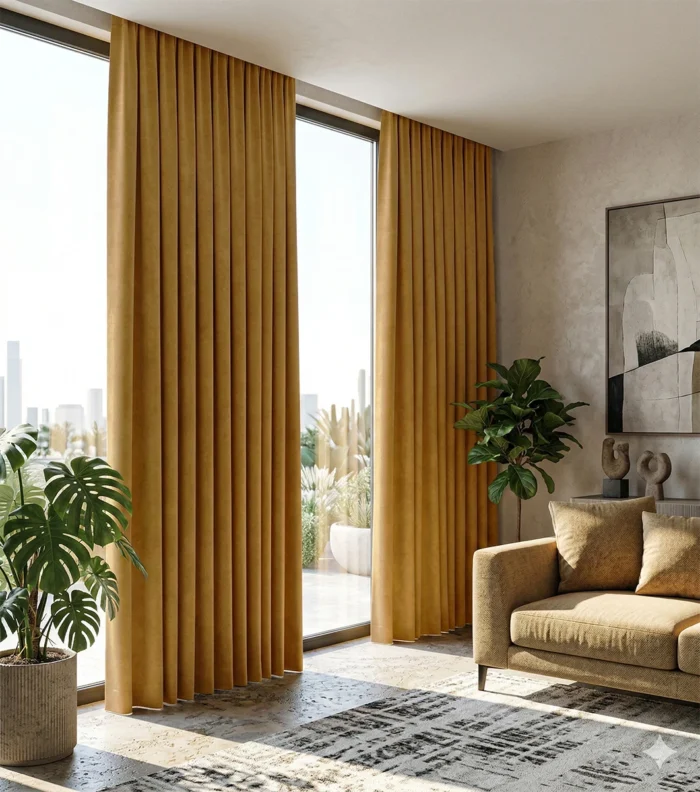 Antrasit mobilyalarla çarpıcı bir kontrast oluşturan, tok dökümlü ve modern kesimli hardal sarısı fon perde detayı