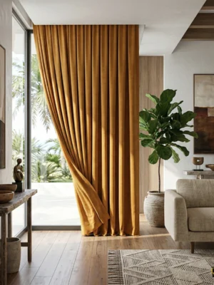 Gri bir salonda, güneşin enerjisini yansıtan ve mekana anında sıcaklık katan doygun tonlu mat hardal sarısı fon perde.