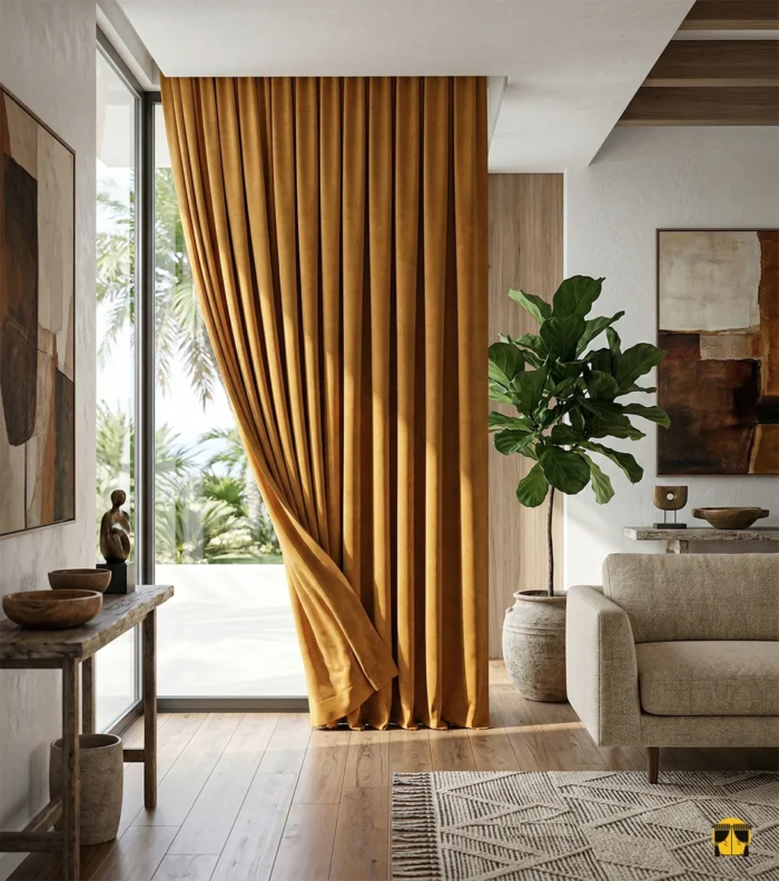 Gri bir salonda, güneşin enerjisini yansıtan ve mekana anında sıcaklık katan doygun tonlu mat hardal sarısı fon perde.