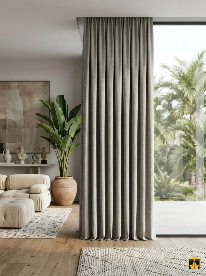 Hasır aksesuarlar ve beyaz tüllerle kusursuz bir uyum yakalayan, pencerelere sıcak bir doğallık katan Havana keten fon perde sergisi.