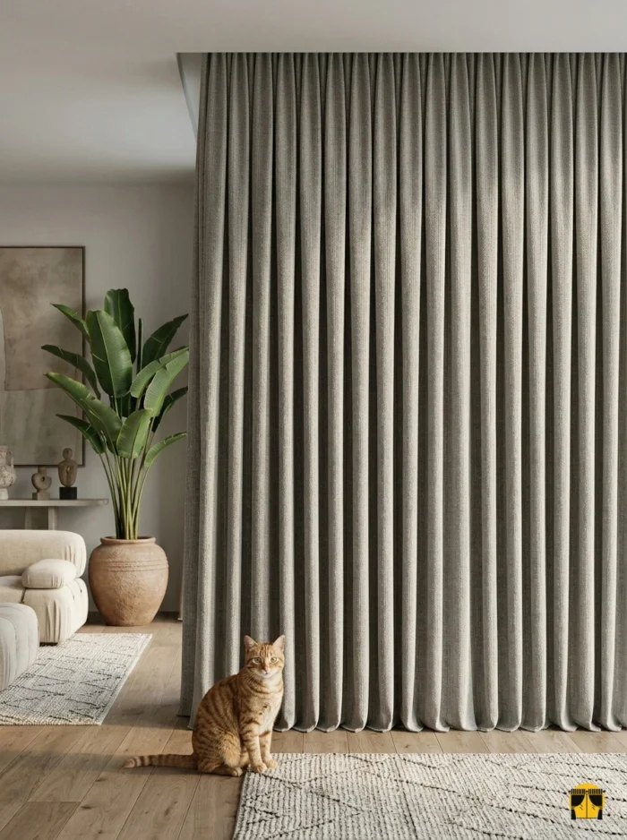 Doğal gün ışığında lifli yapısı belirginleşen, sütlükahve tonunda rüstik hasır keten fon perde kumaş detayı